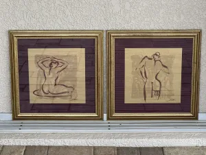 Pair Framed Square Modern Gold Burgundy Nude Wall Hangings, Print on Foil