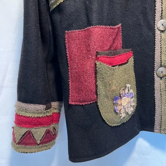 Parsley &amp; Sage Black w/Patchwork flowers Wool Jacket Size L