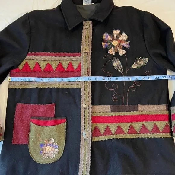 Parsley &amp; Sage Black w/Patchwork flowers Wool Jacket Size L