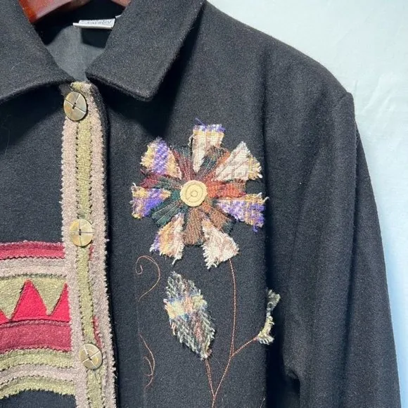 Parsley &amp; Sage Black w/Patchwork flowers Wool Jacket Size L