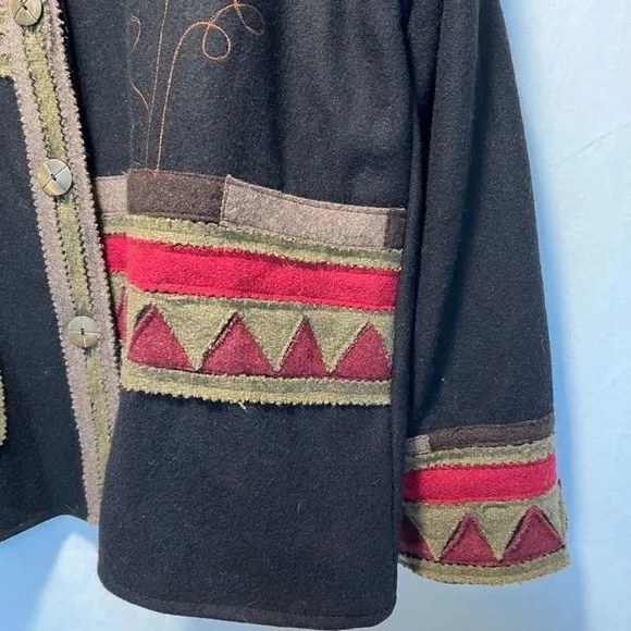 Parsley &amp; Sage Black w/Patchwork flowers Wool Jacket Size L