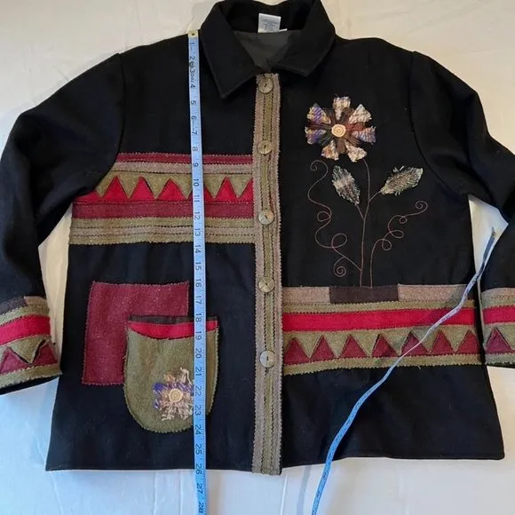Parsley &amp; Sage Black w/Patchwork flowers Wool Jacket Size L