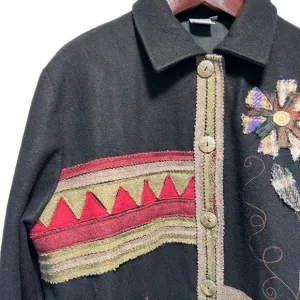 Parsley &amp; Sage Black w/Patchwork flowers Wool Jacket Size L