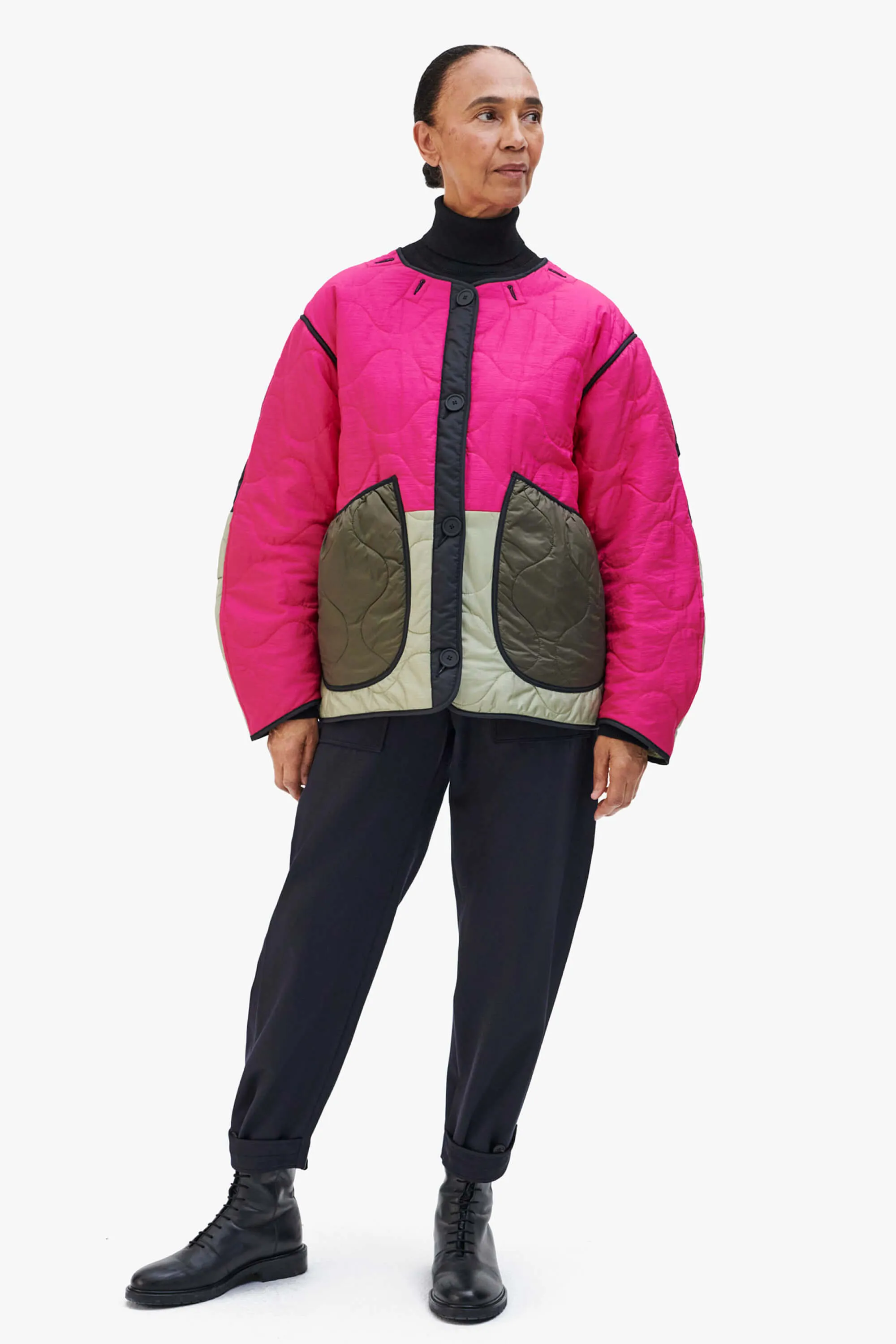 Patchwork Cropped Quilt Jacket - Fuchsia / Pale Sage
