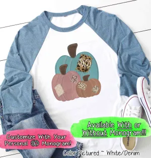 Patchwork Fall Pumpkin Trio Monogram Raglan Tee