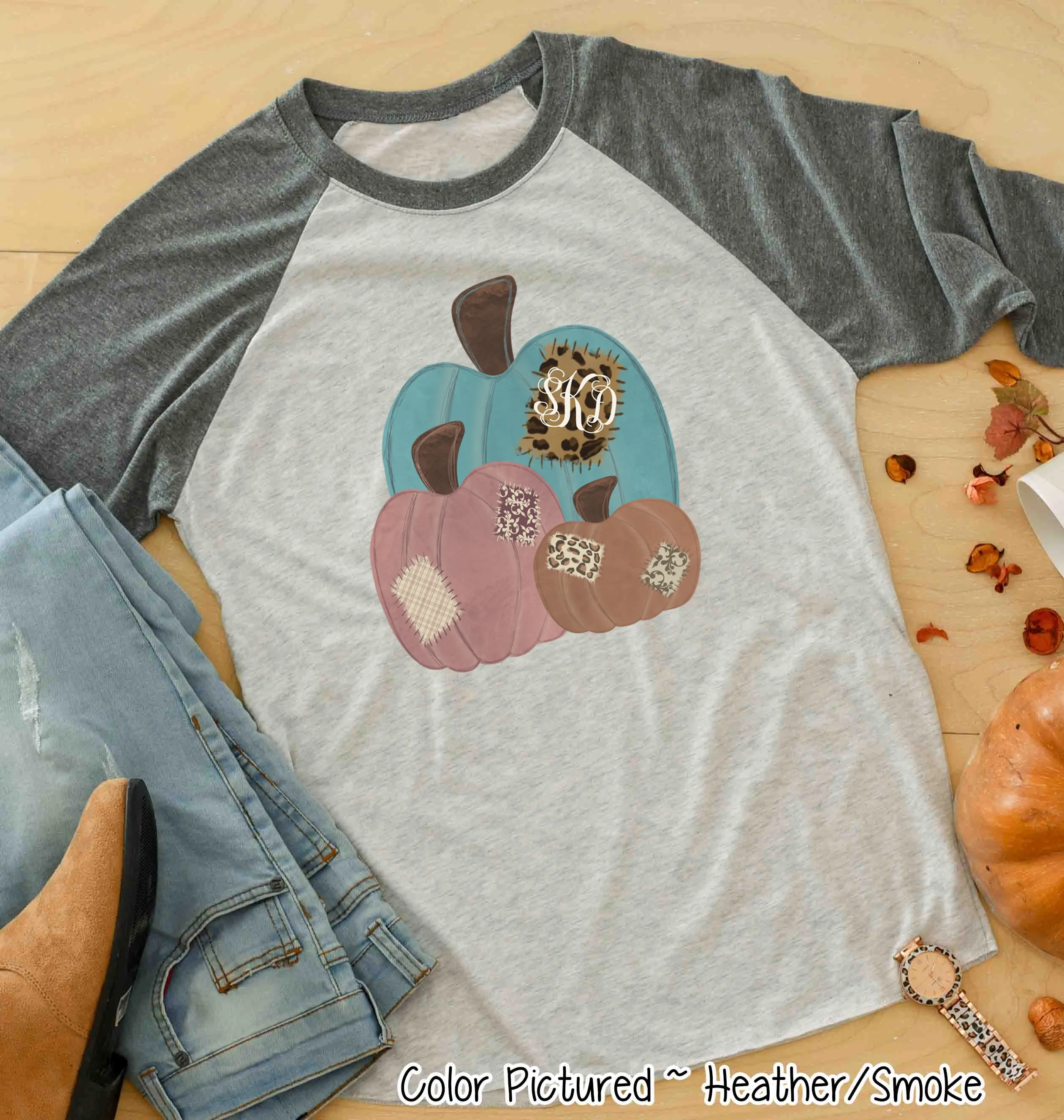 Patchwork Fall Pumpkin Trio Monogram Raglan Tee