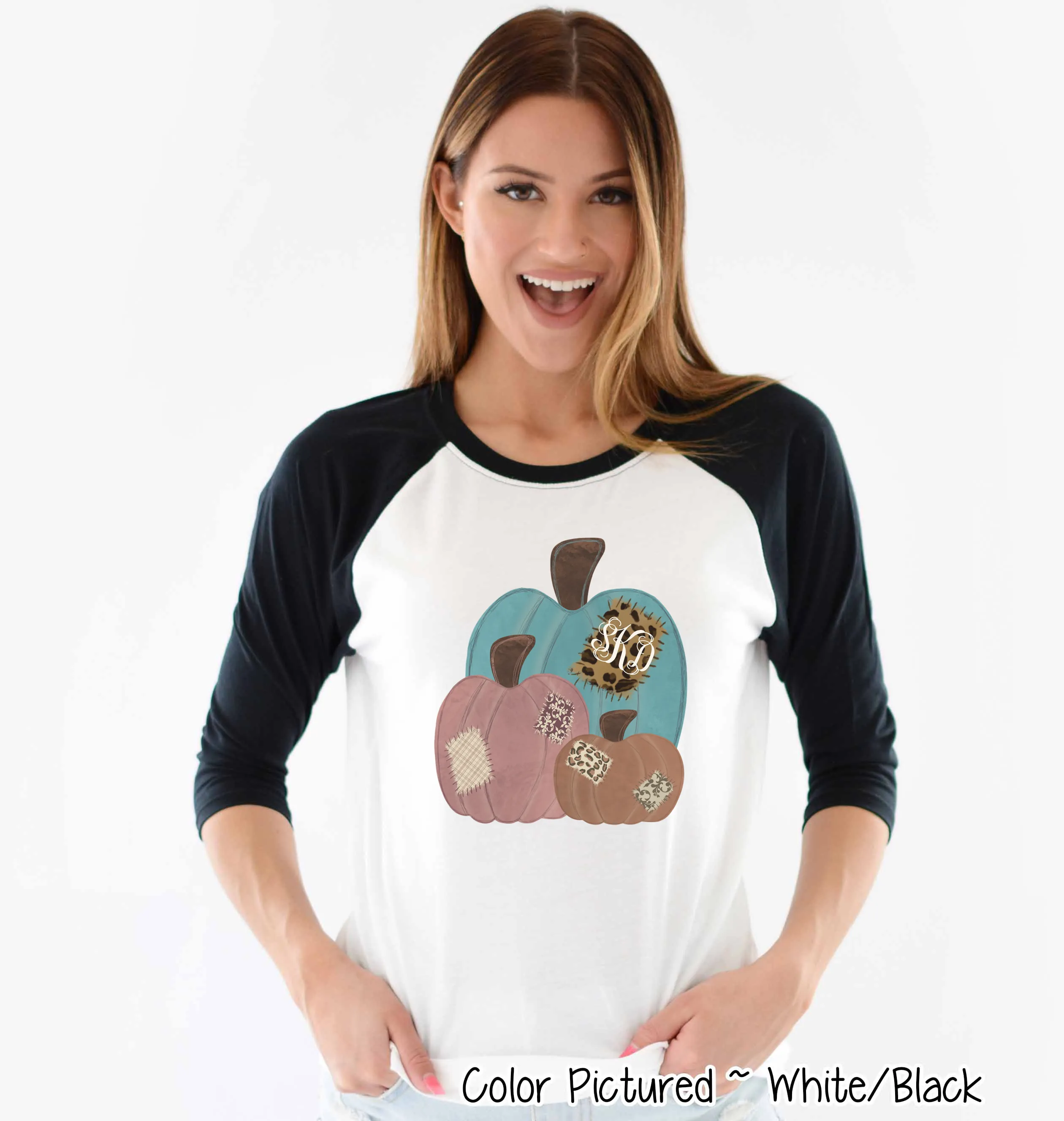 Patchwork Fall Pumpkin Trio Monogram Raglan Tee