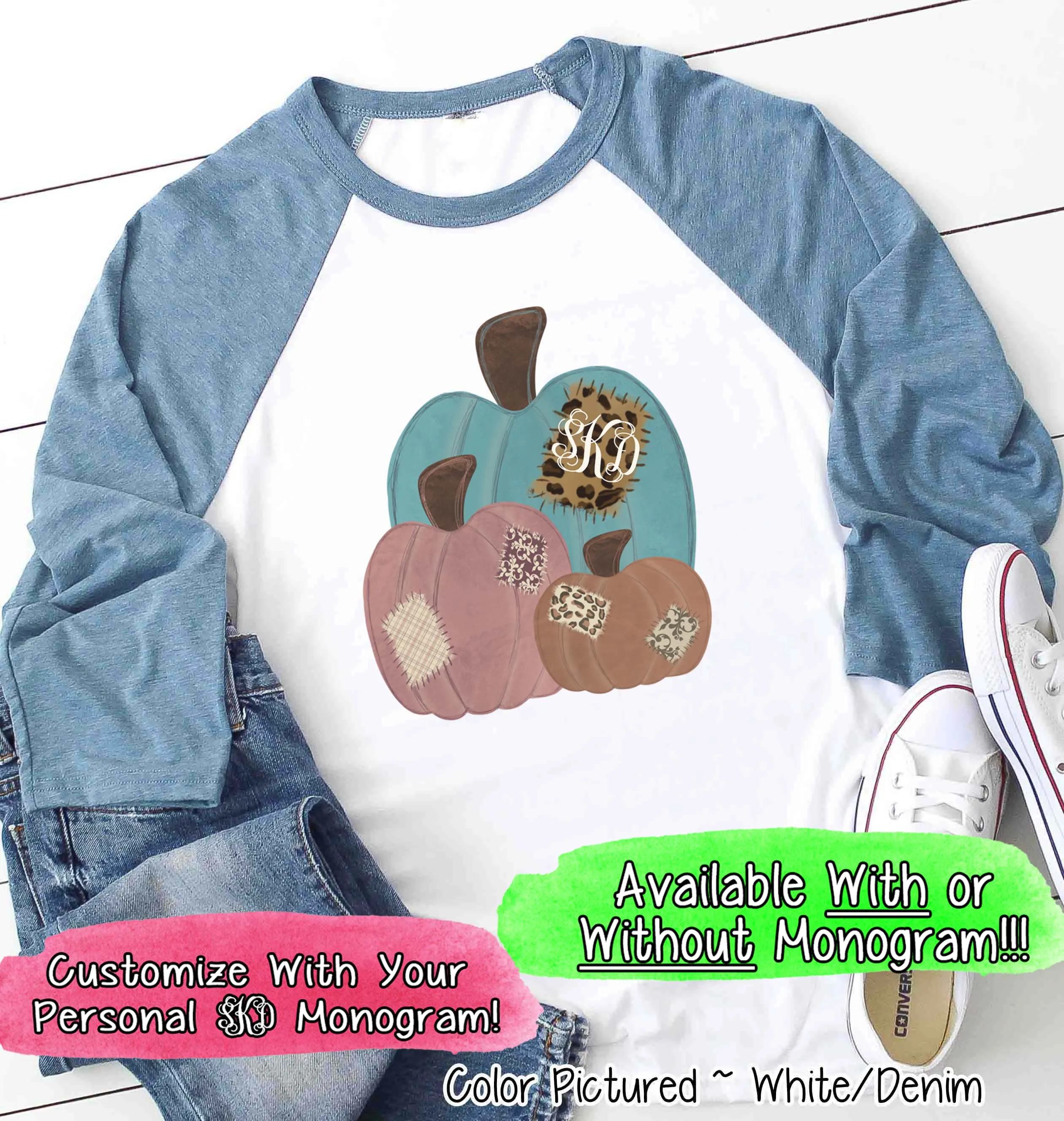 Patchwork Fall Pumpkin Trio Monogram Raglan Tee