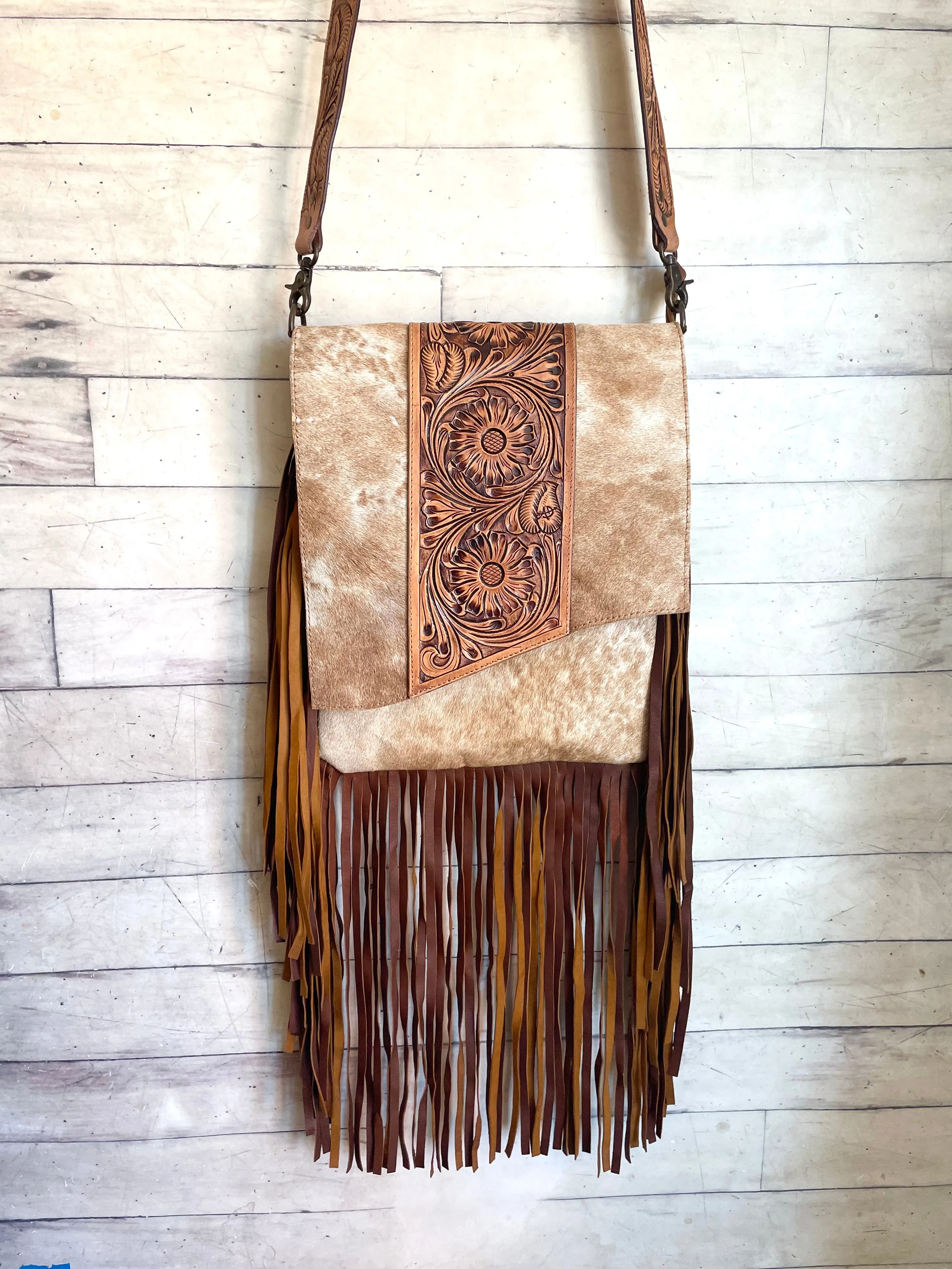 Pecos Tan Hide Leather Tooled Fringe Large Crossbody Bag