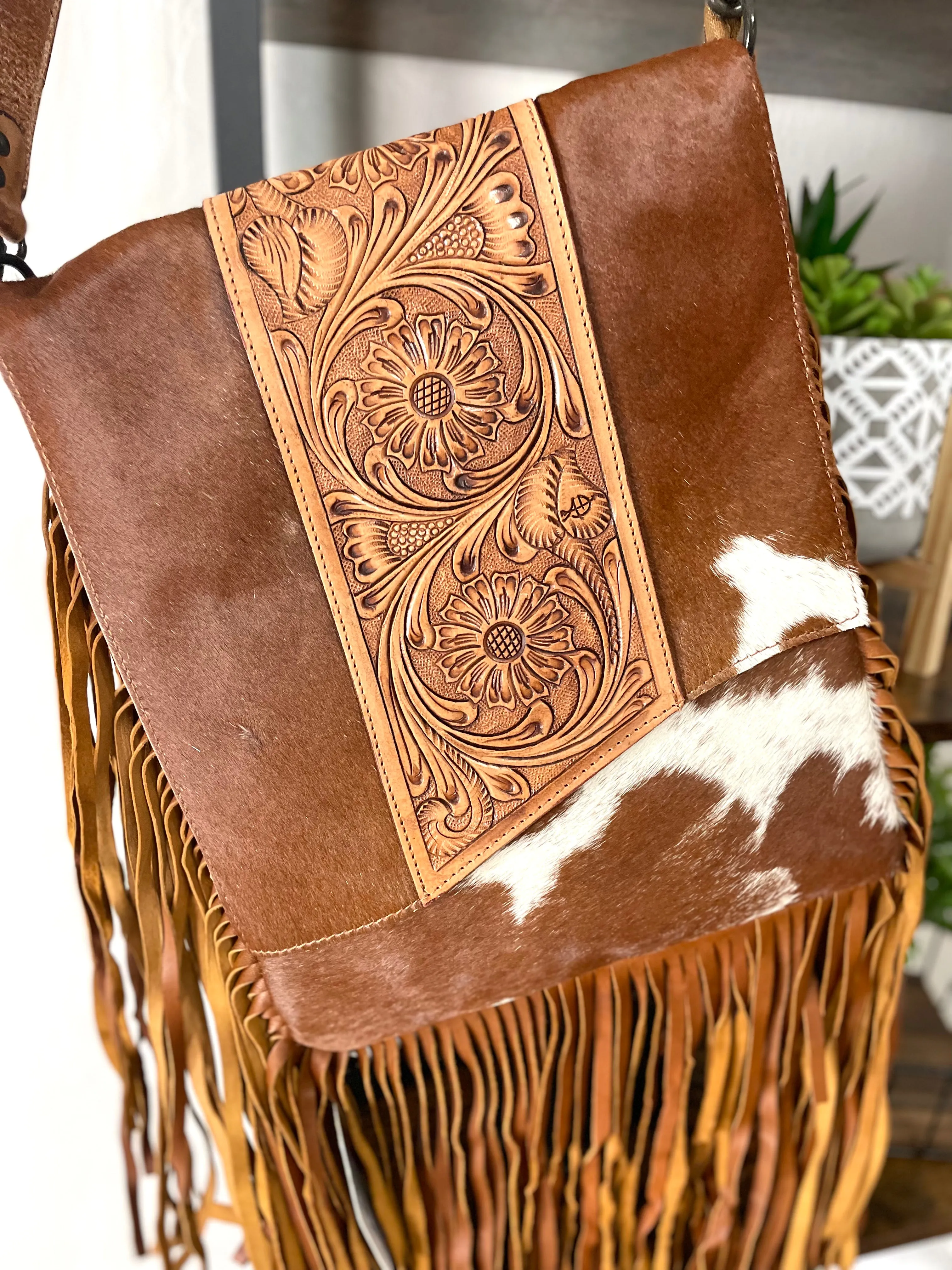 Pecos Tan Hide Leather Tooled Fringe Large Crossbody Bag