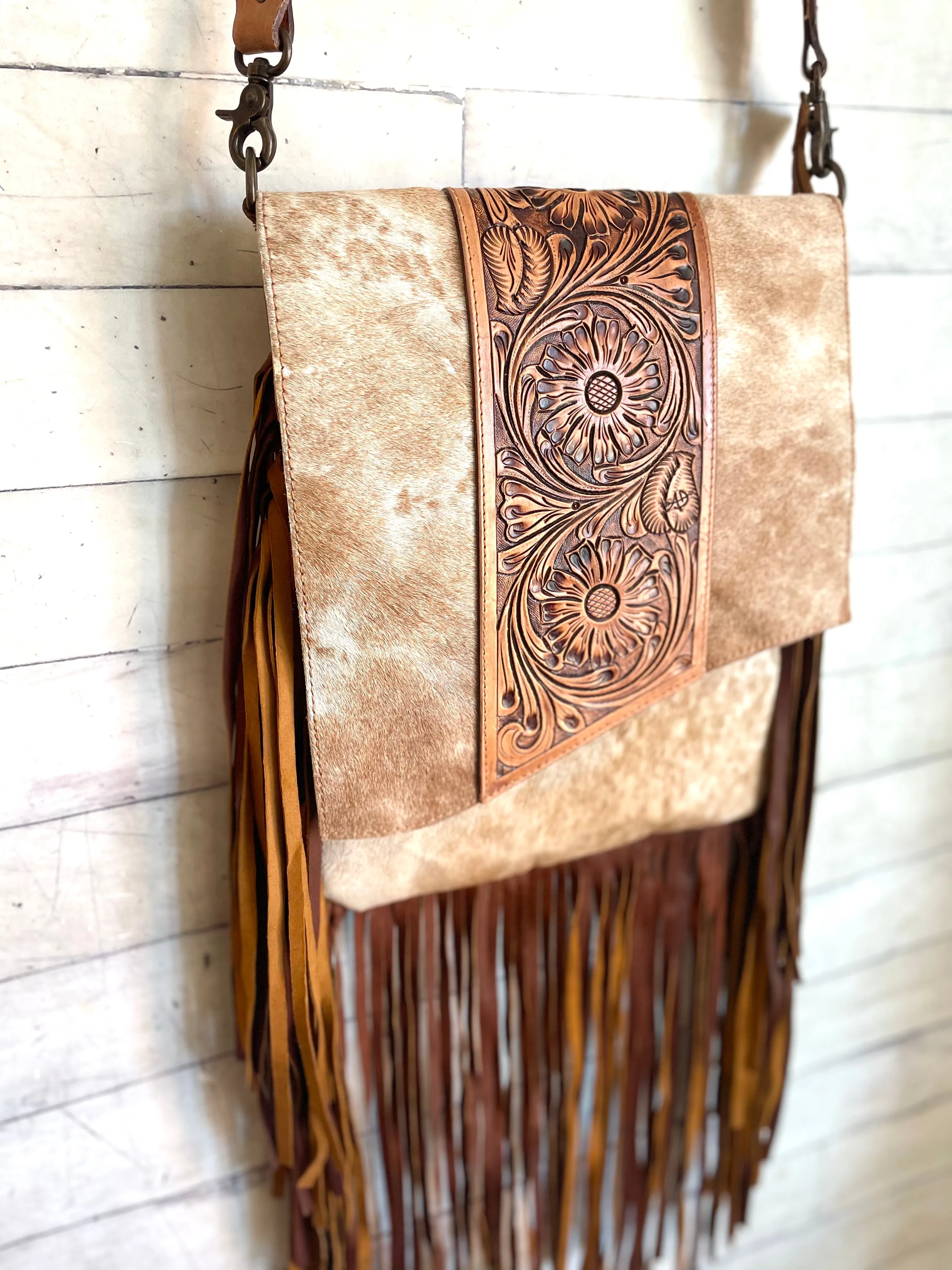 Pecos Tan Hide Leather Tooled Fringe Large Crossbody Bag