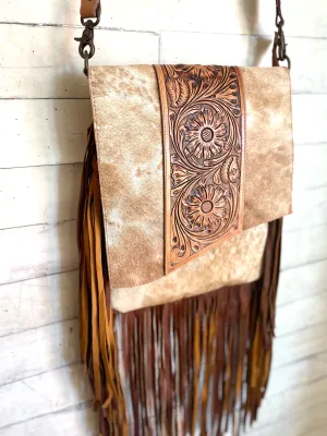 Pecos Tan Hide Leather Tooled Fringe Large Crossbody Bag