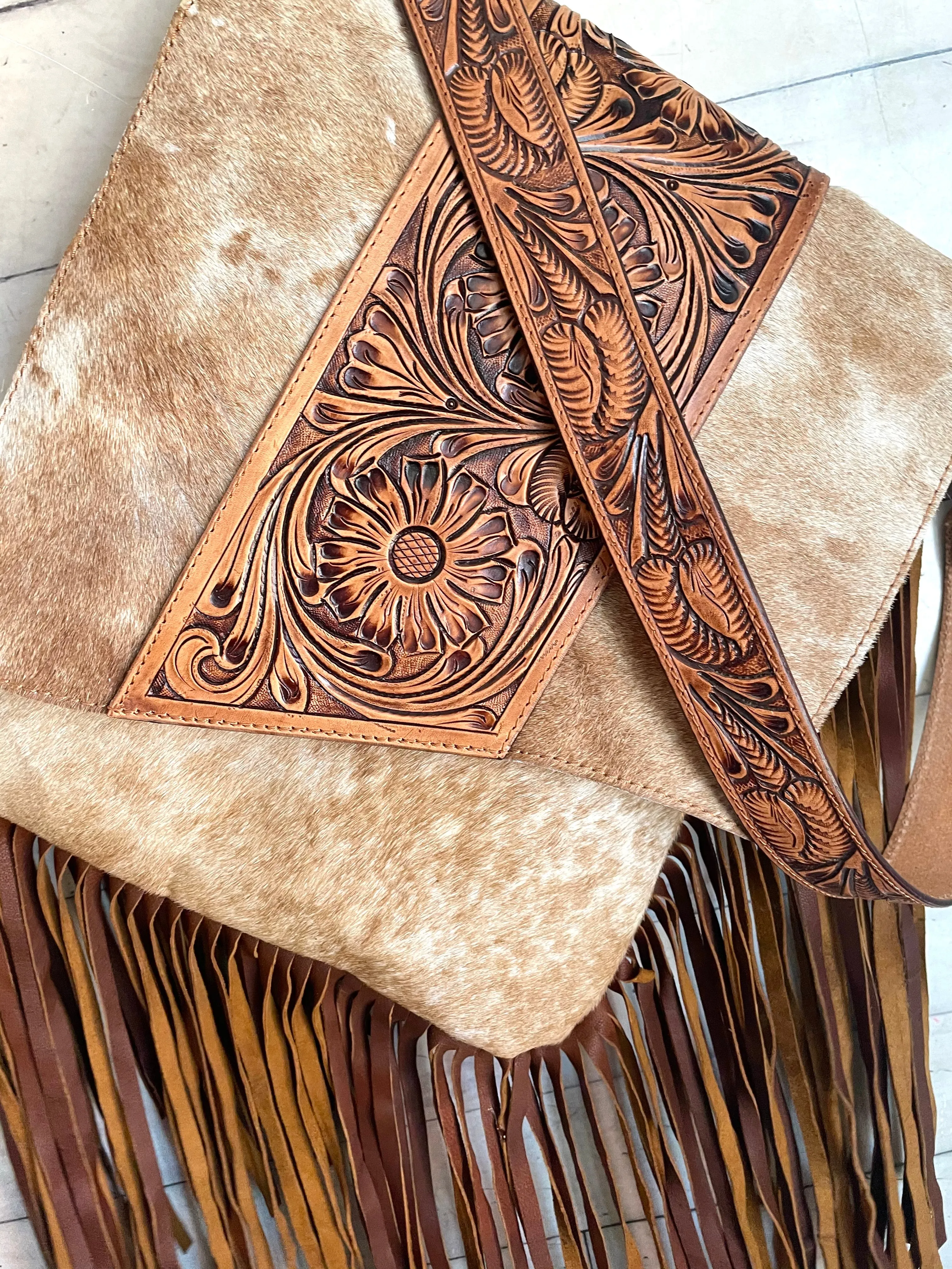 Pecos Tan Hide Leather Tooled Fringe Large Crossbody Bag