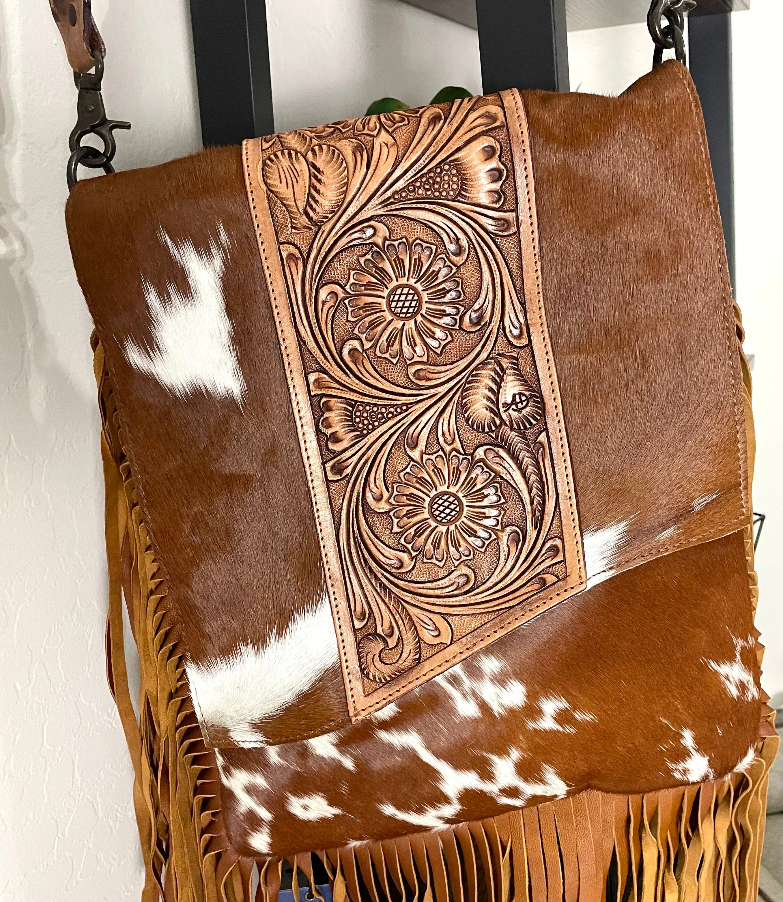 Pecos Tan Hide Leather Tooled Fringe Large Crossbody Bag
