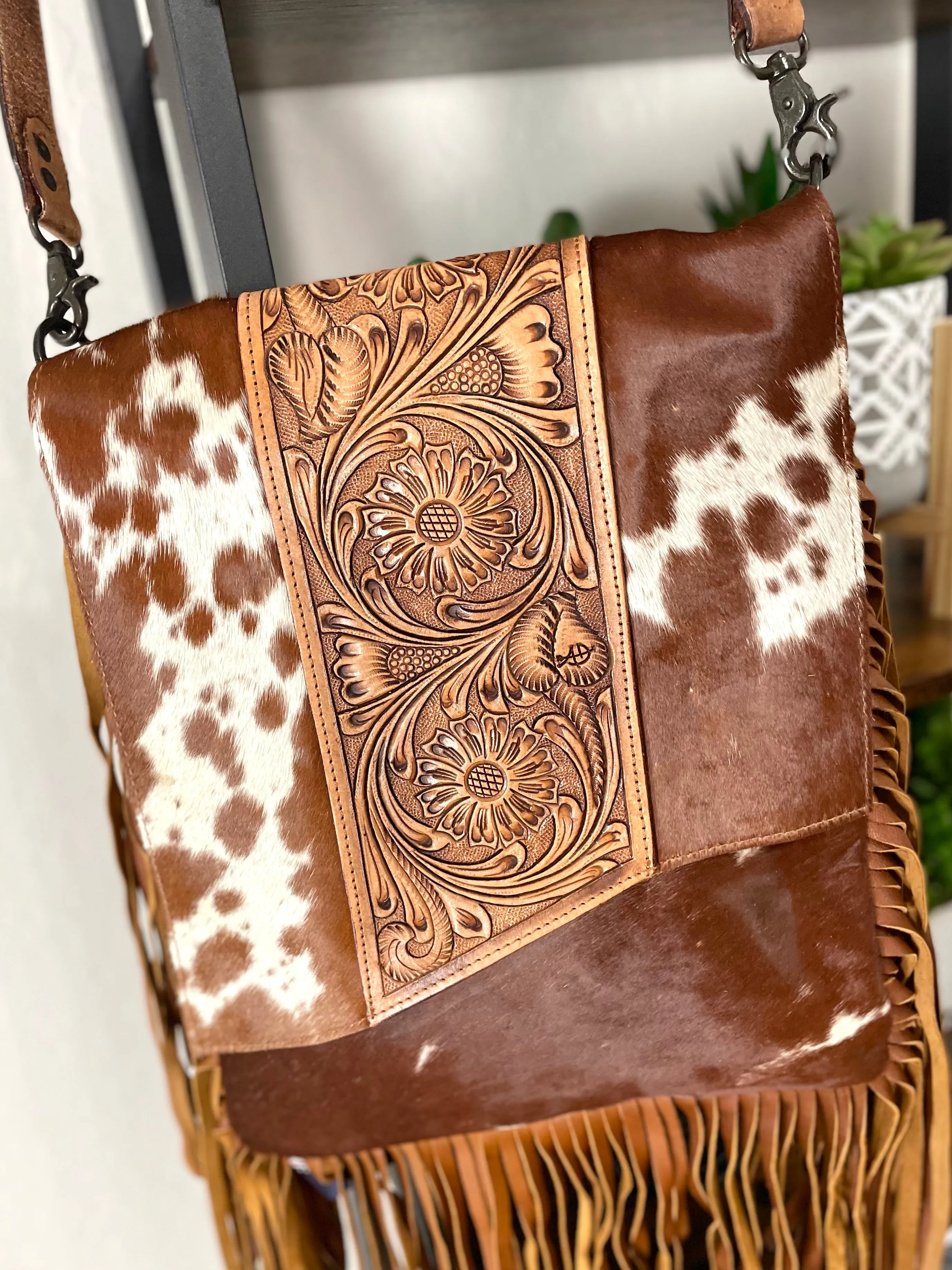 Pecos Tan Hide Leather Tooled Fringe Large Crossbody Bag