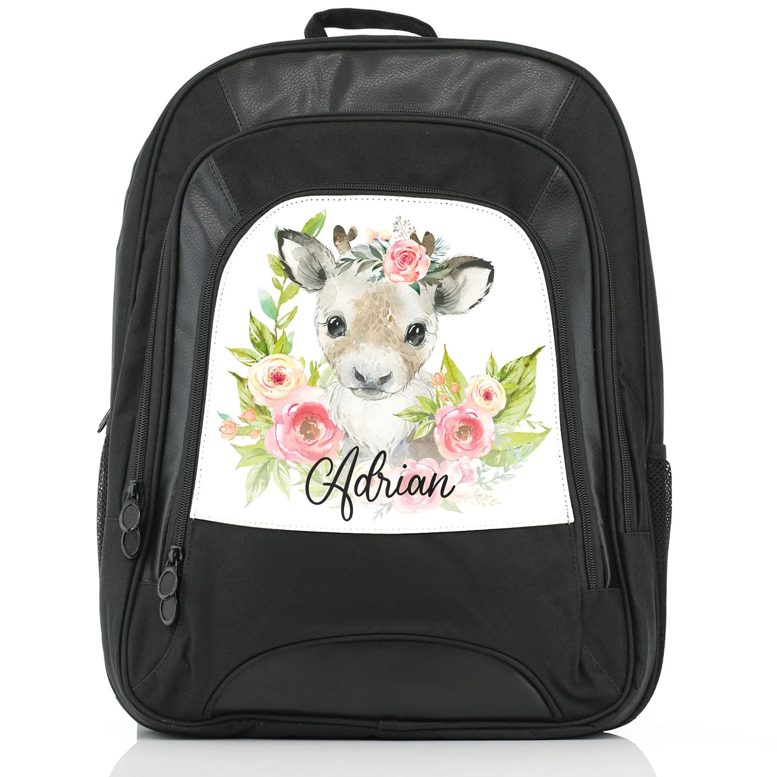 Personalised Rucksack with Reindeer Pink Flowers and Cute Text