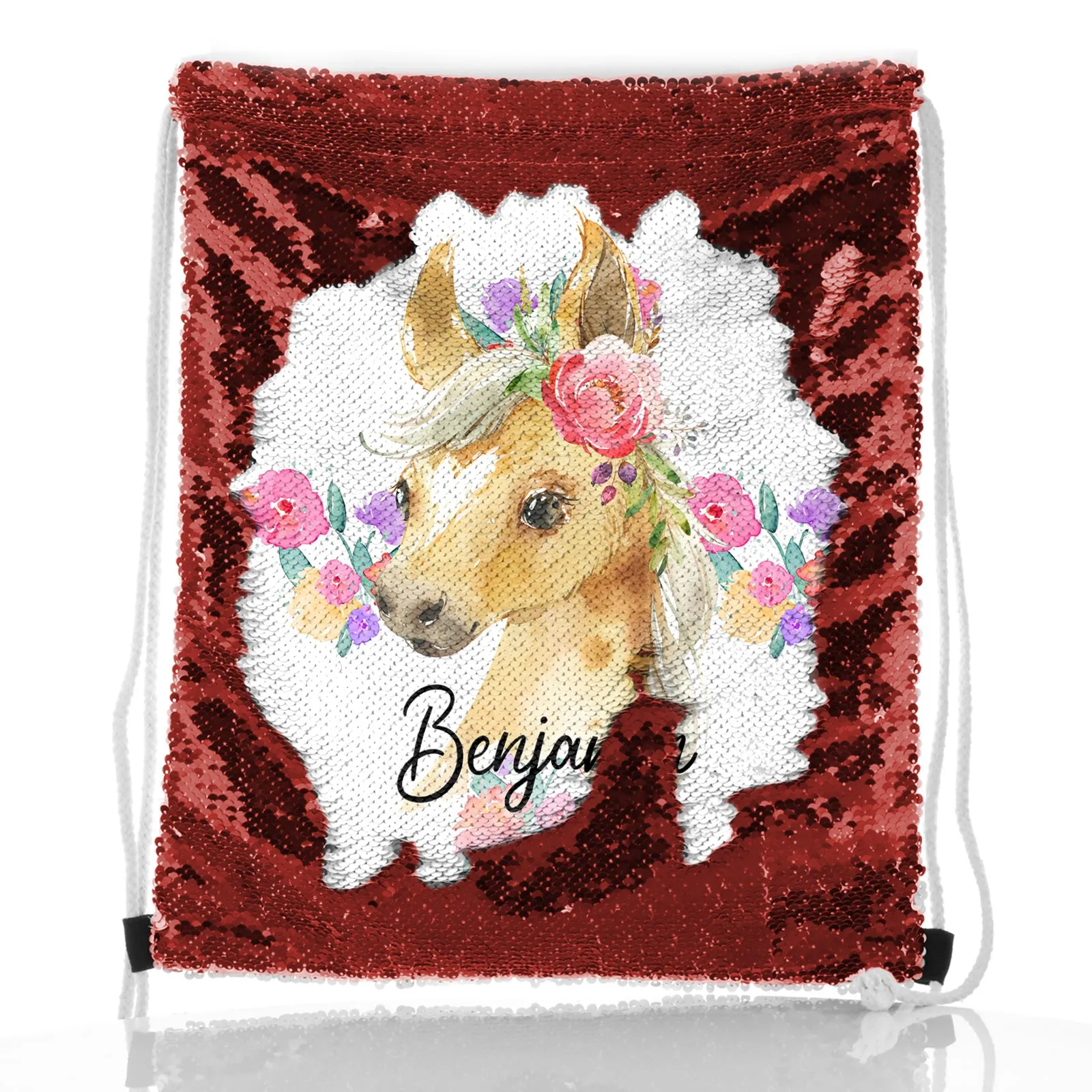 Personalised Sequin Drawstring Backpack with Palomino Horse Multicolour Flower Print and Cute Text