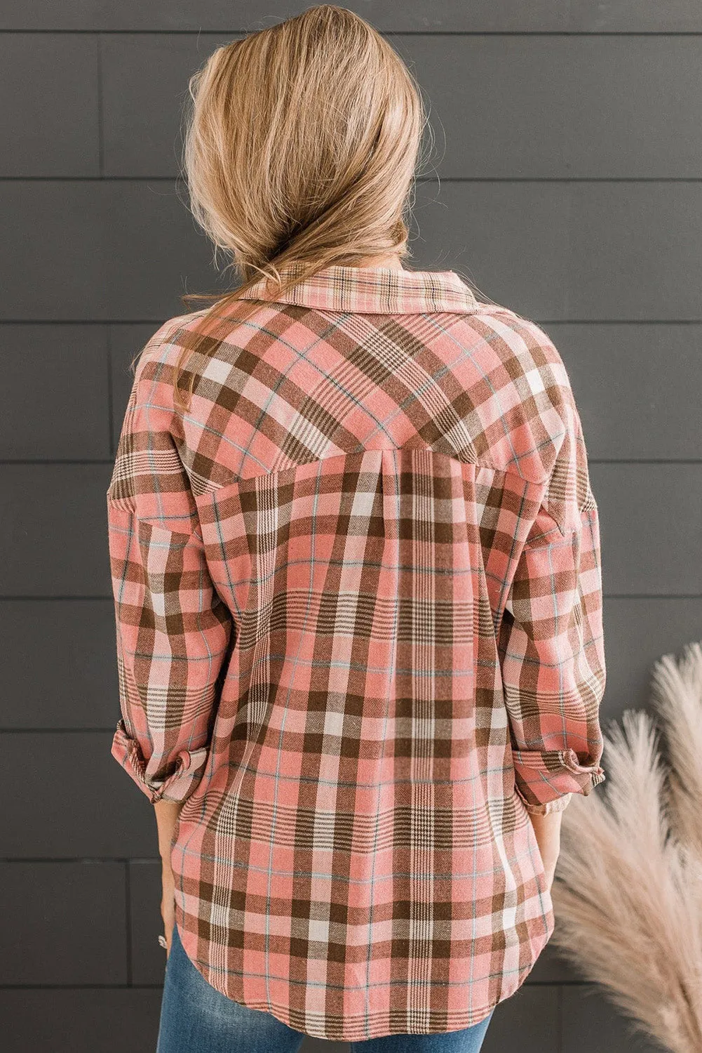 Pink Drop Shoulder Rounded Hem Plaid Pattern Shirt