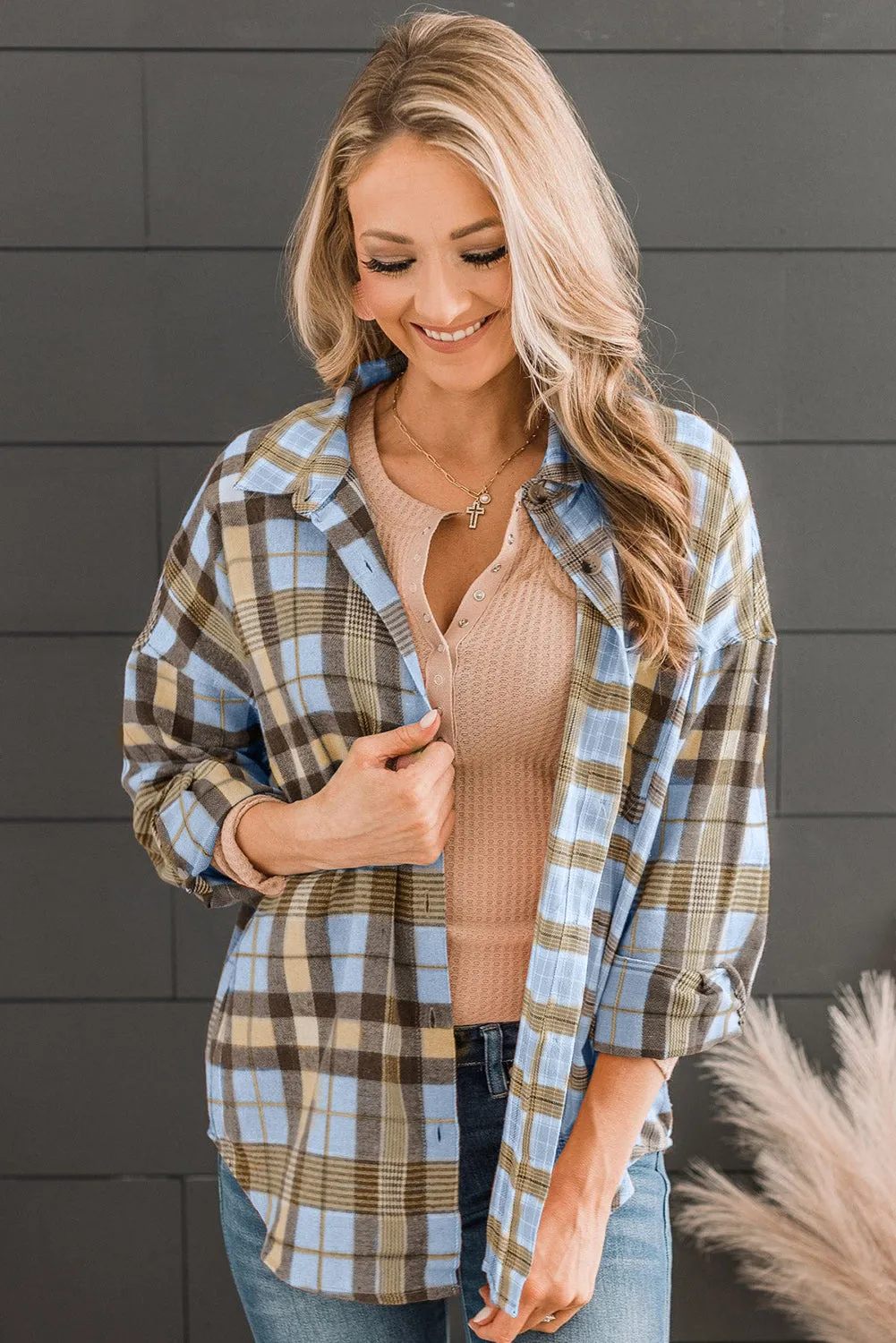 Pink Drop Shoulder Rounded Hem Plaid Pattern Shirt
