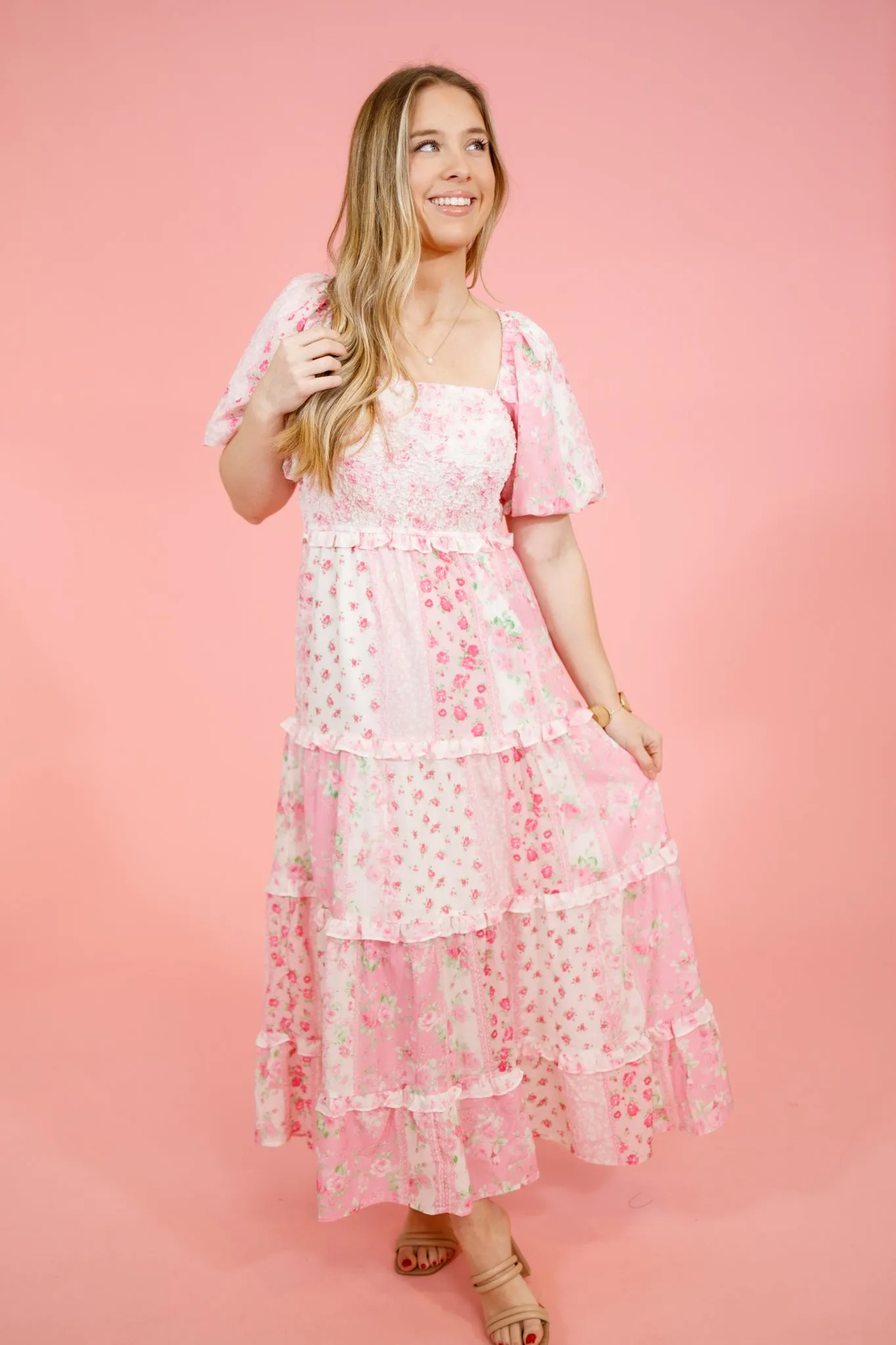 Pink Floral Smock Pattern Dress