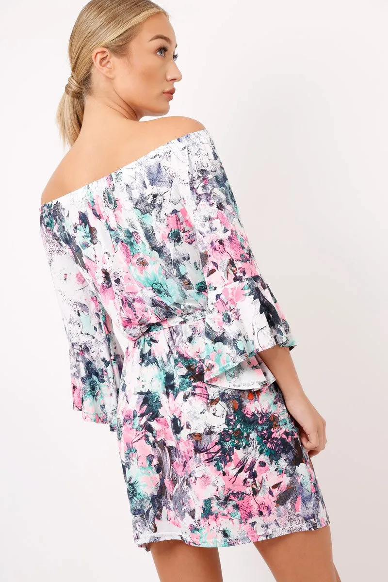 Pink Graphic Floral Off Shoulder Frill Dress - Arleen