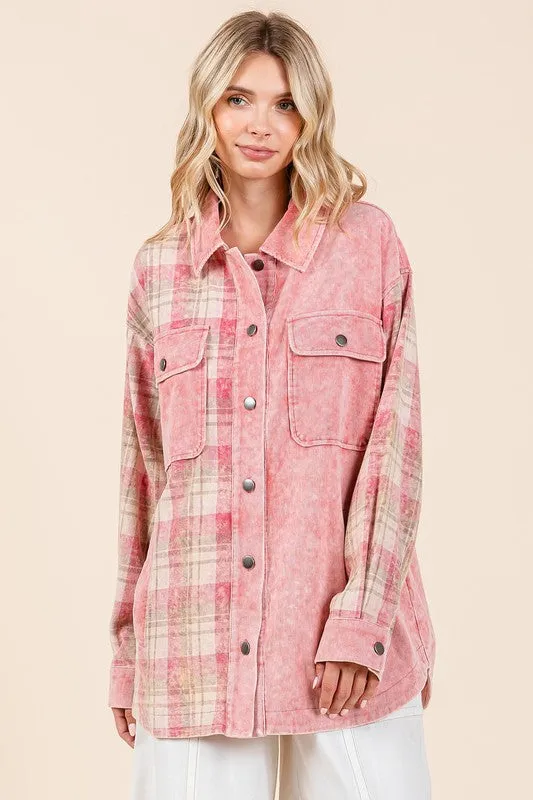 Pink Plaid Button Down Drop Shoulder Jacket
