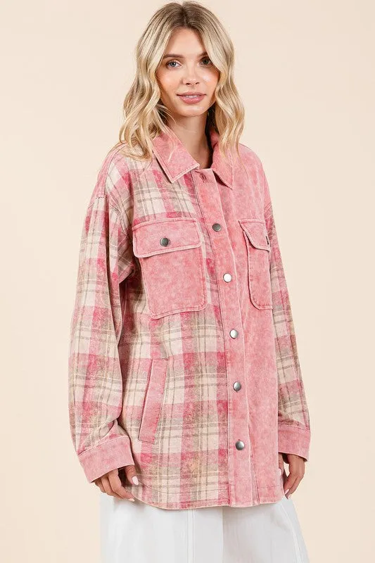 Pink Plaid Button Down Drop Shoulder Jacket