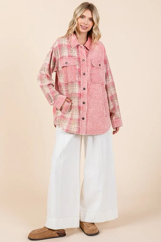 Pink Plaid Button Down Drop Shoulder Jacket