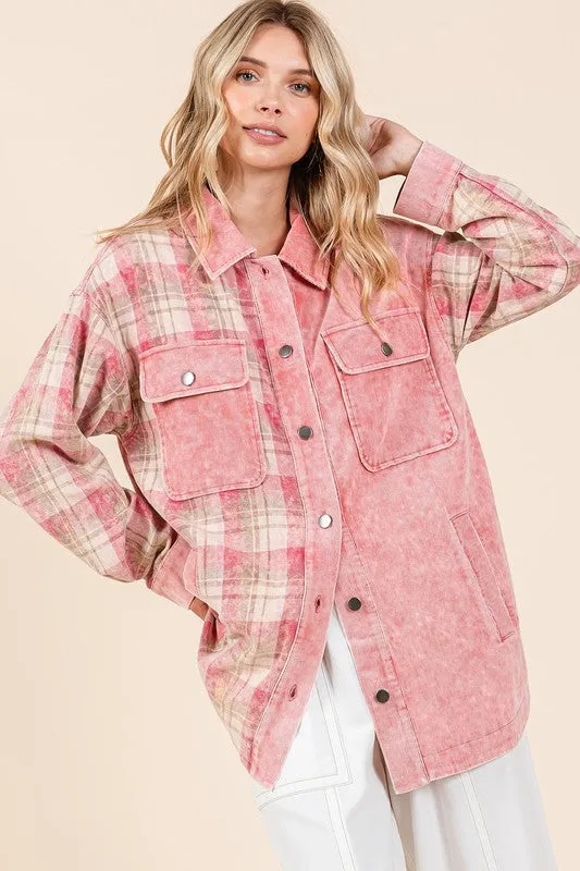 Pink Plaid Button Down Drop Shoulder Jacket