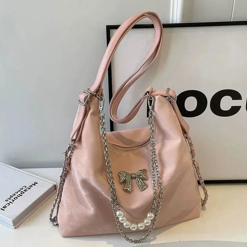 Plush Charm Pearl Chain Shoulder Bag