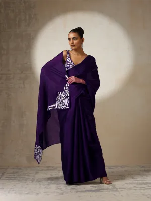 Purple Crushed Metallic Satin with Silver Embroidery On Saree and Blouse Fabric