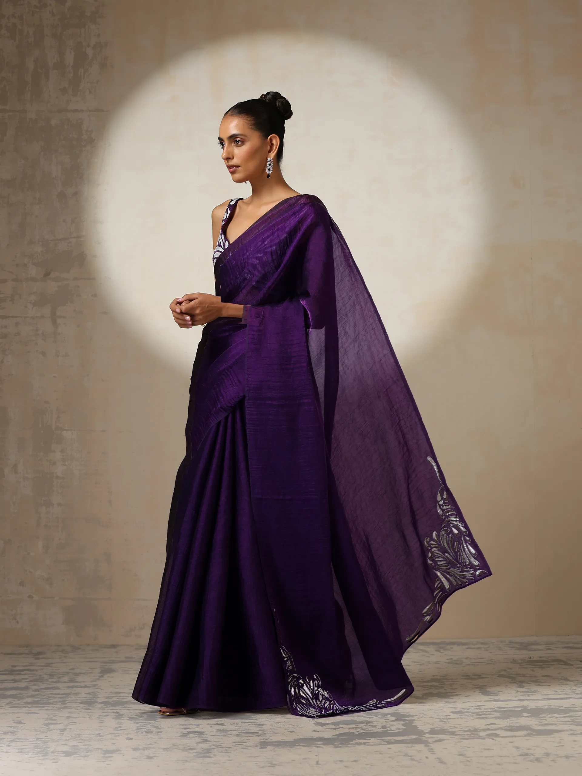 Purple Crushed Metallic Satin with Silver Embroidery On Saree and Blouse Fabric