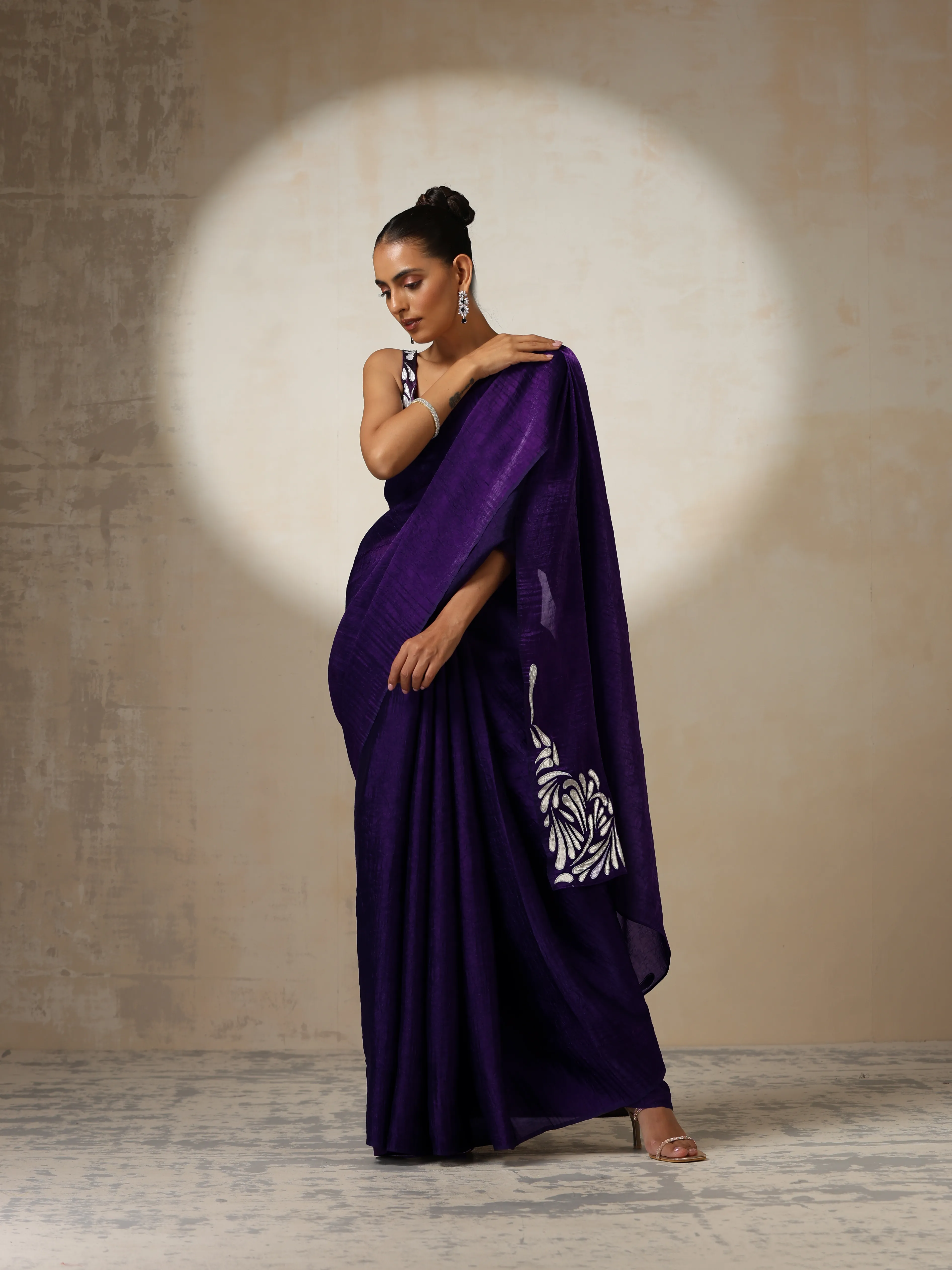 Purple Crushed Metallic Satin with Silver Embroidery On Saree and Blouse Fabric