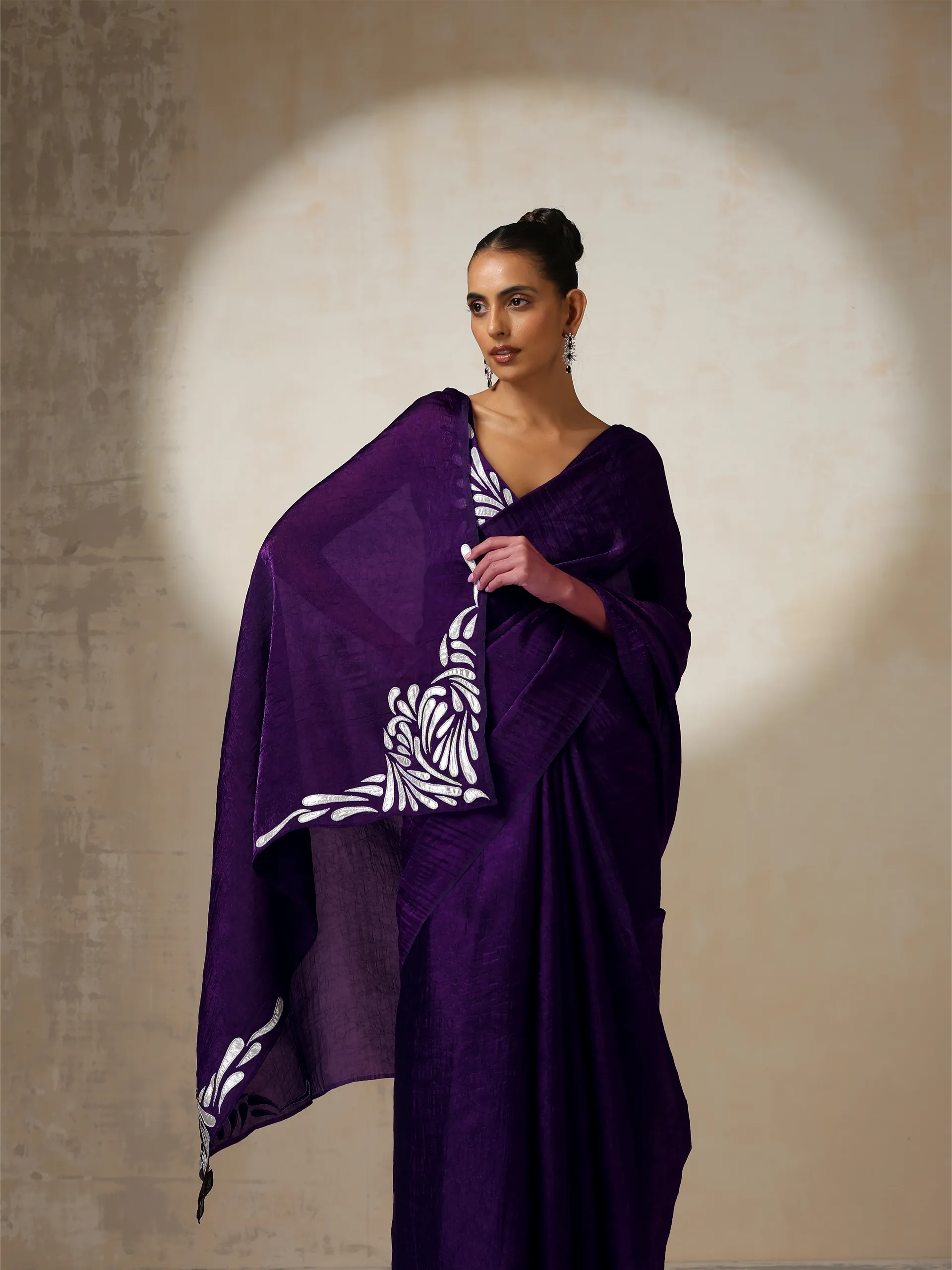 Purple Crushed Metallic Satin with Silver Embroidery On Saree and Blouse Fabric