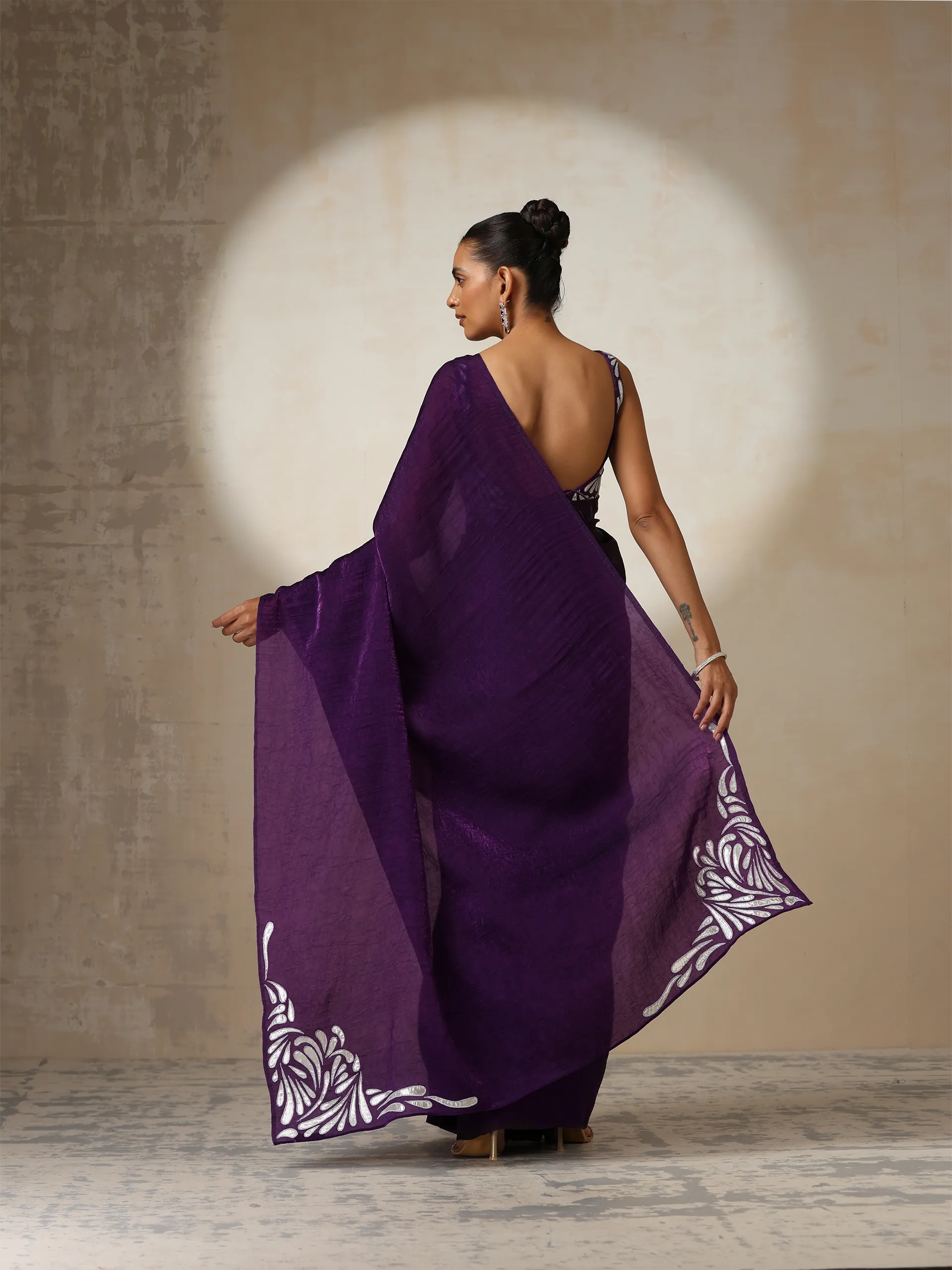 Purple Crushed Metallic Satin with Silver Embroidery On Saree and Blouse Fabric