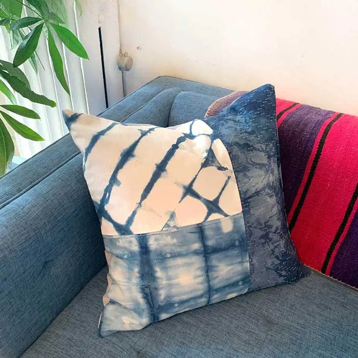 Quilted Shibori Handyed Indigo Tie Dye Pillow Cover 20x20"  Design 3