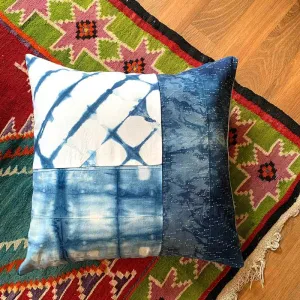 Quilted Shibori Handyed Indigo Tie Dye Pillow Cover 20x20"  Design 3