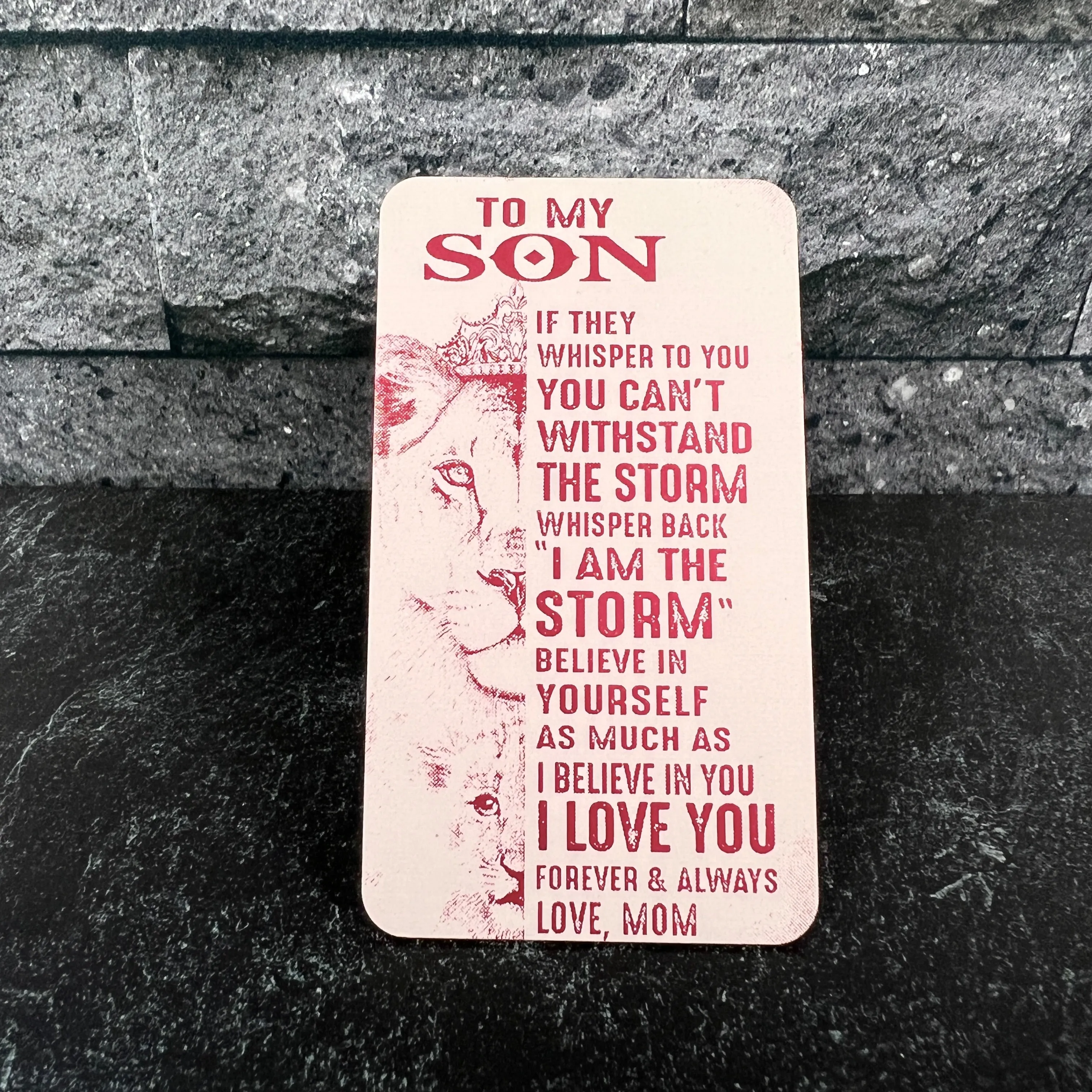 "To My Son" Engraved Metal Wallet Card with Lion Design – Unique Keepsake with Gift Pouch