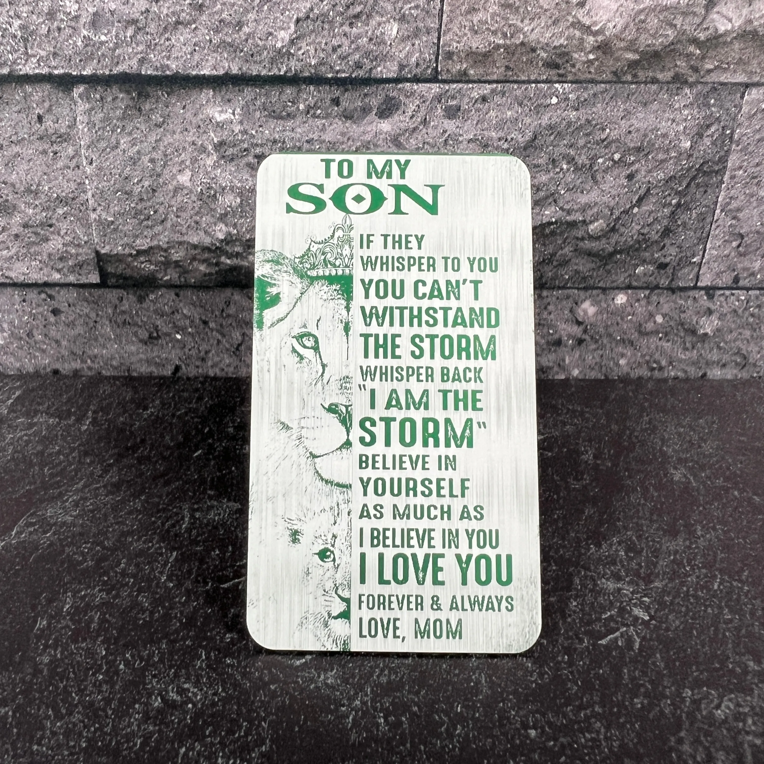 "To My Son" Engraved Metal Wallet Card with Lion Design – Unique Keepsake with Gift Pouch