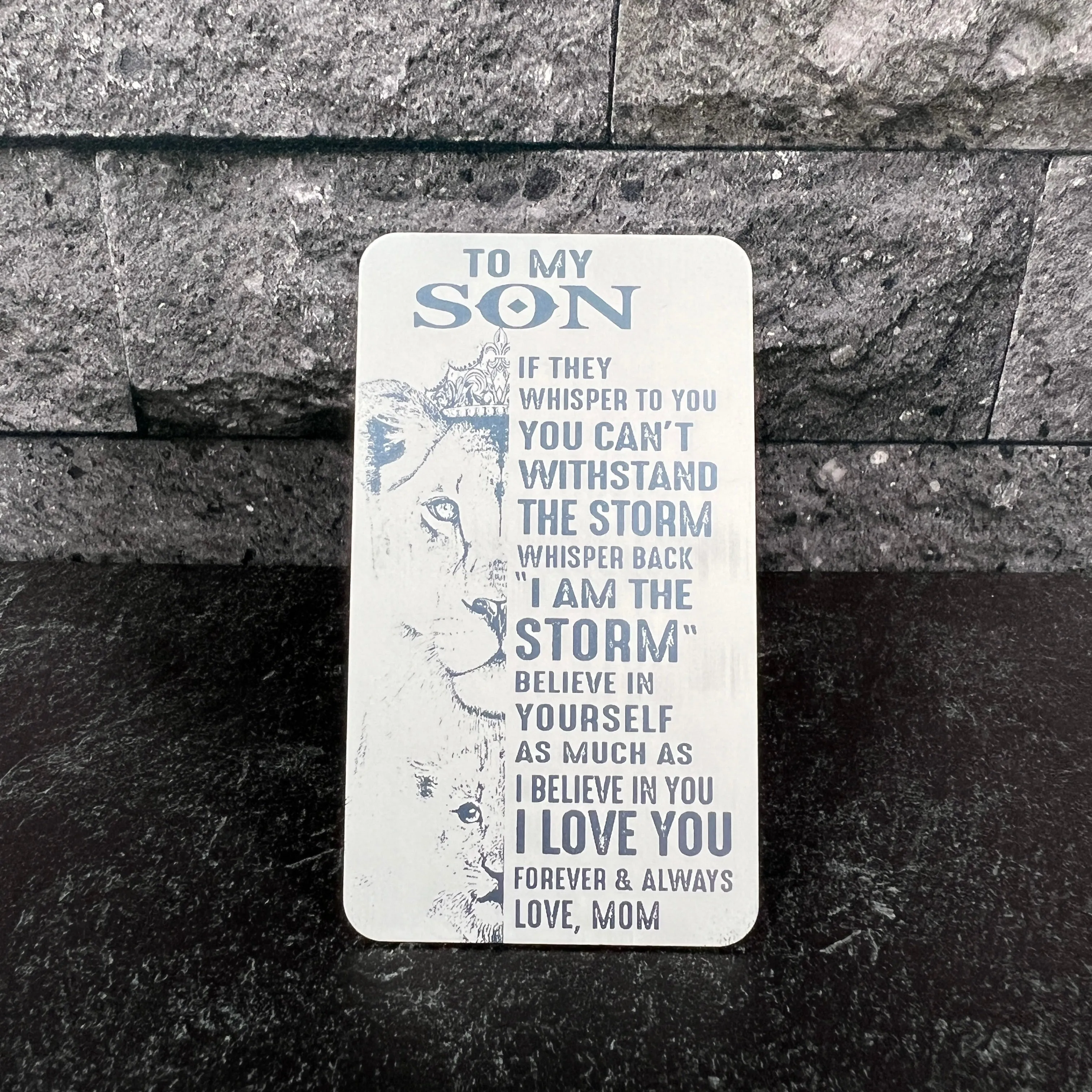 "To My Son" Engraved Metal Wallet Card with Lion Design – Unique Keepsake with Gift Pouch