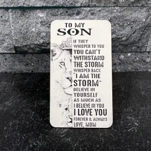 "To My Son" Engraved Metal Wallet Card with Lion Design – Unique Keepsake with Gift Pouch