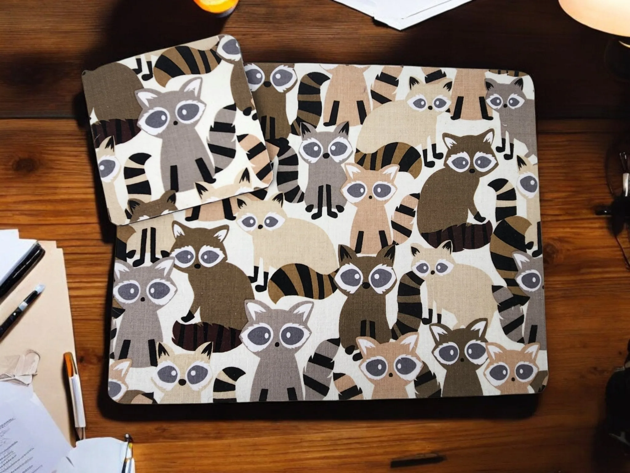 Raccoon desk set, mouse pad, coaster