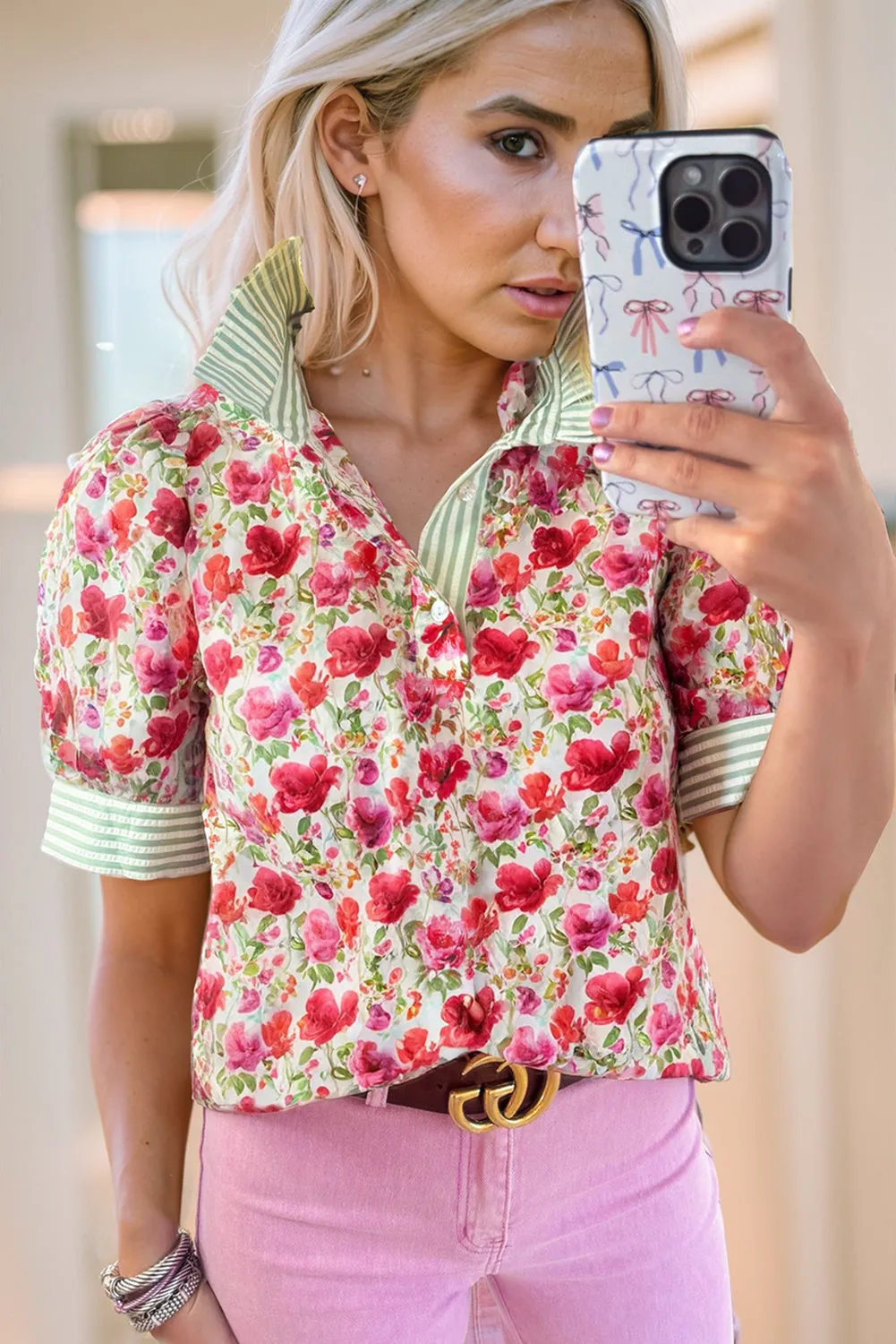 Red Floral Print Striped Patchwork Collared Short Sleeve Blouse