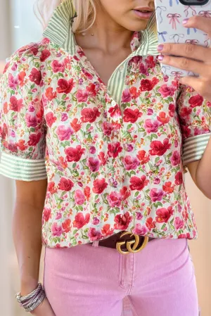 Red Floral Print Striped Patchwork Collared Short Sleeve Blouse