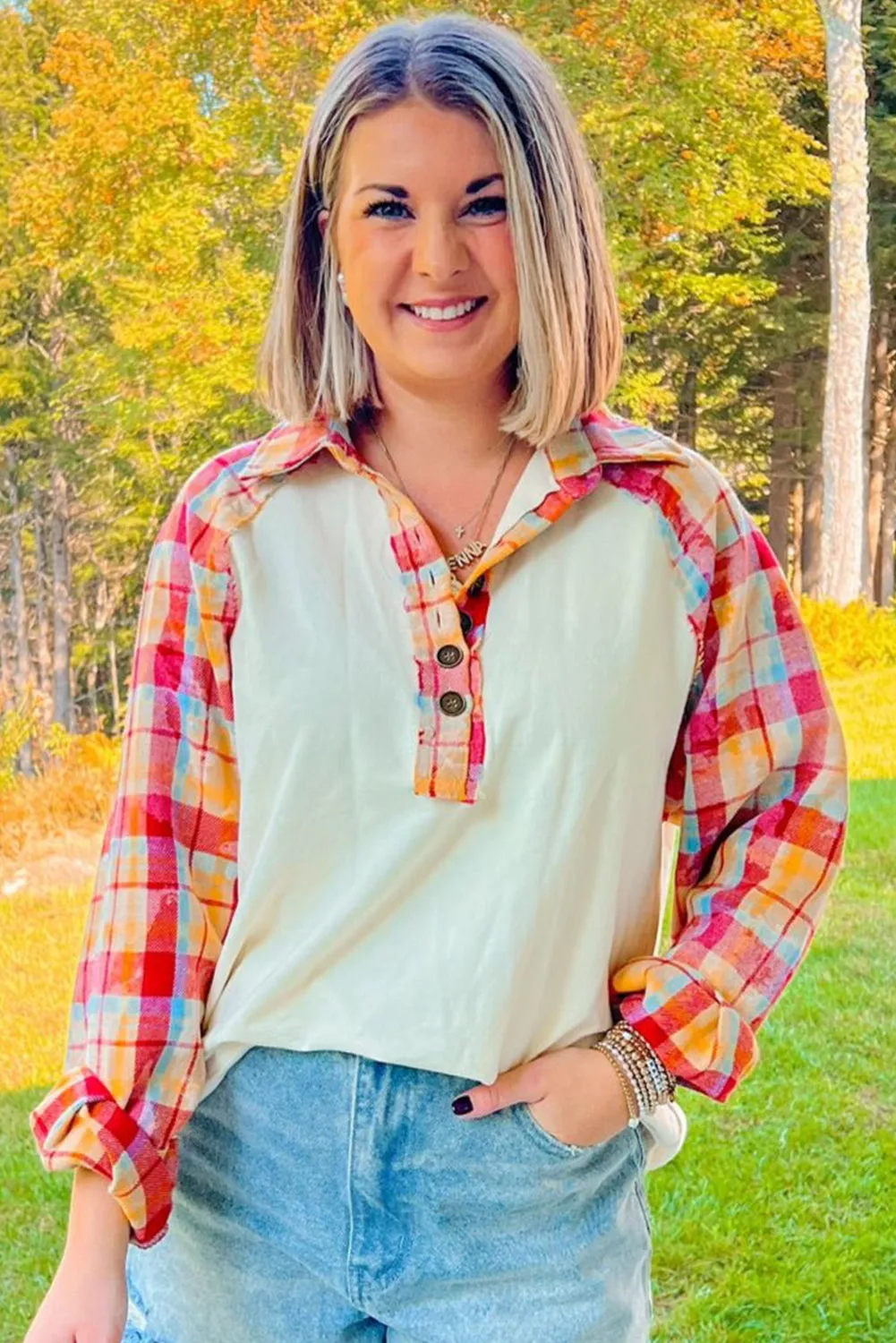 Red Plaid Patchwork Half Button Collared Raglan Sleeve Top