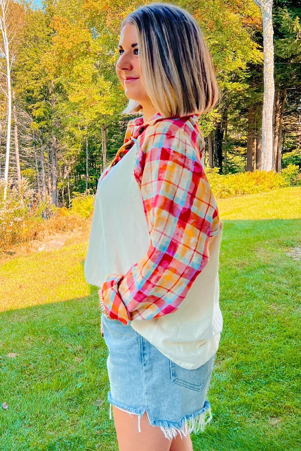 Red Plaid Patchwork Half Button Collared Raglan Sleeve Top