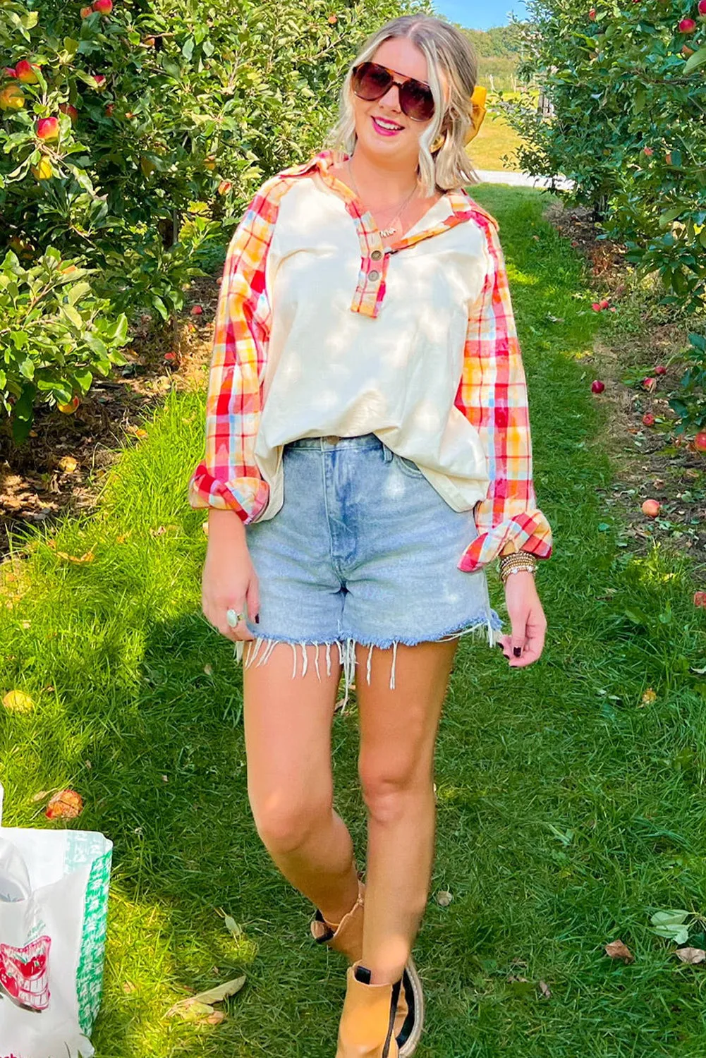 Red Plaid Patchwork Half Button Collared Raglan Sleeve Top