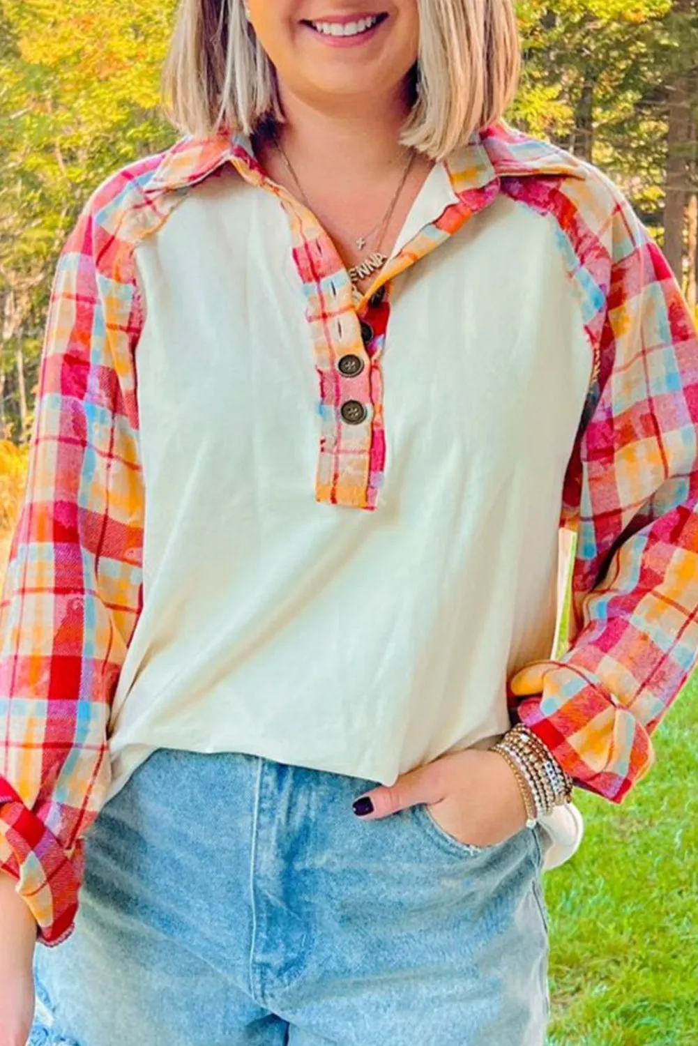 Red Plaid Patchwork Half Button Collared Raglan Sleeve Top