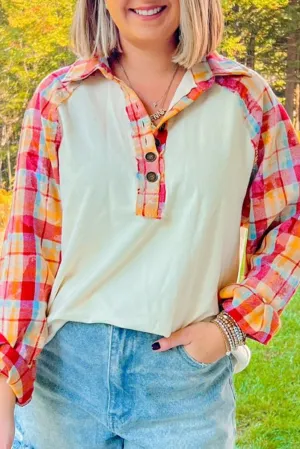 Red Plaid Patchwork Half Button Collared Raglan Sleeve Top