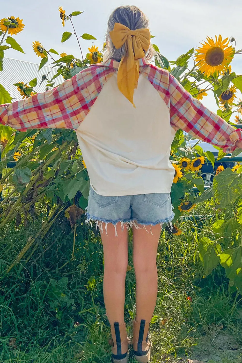 Red Plaid Patchwork Half Button Collared Raglan Sleeve Top